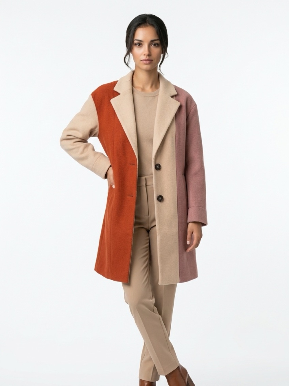 Petite Studio Colorblock Pea Coat in Rust, Cream & Mauve Wool XXS